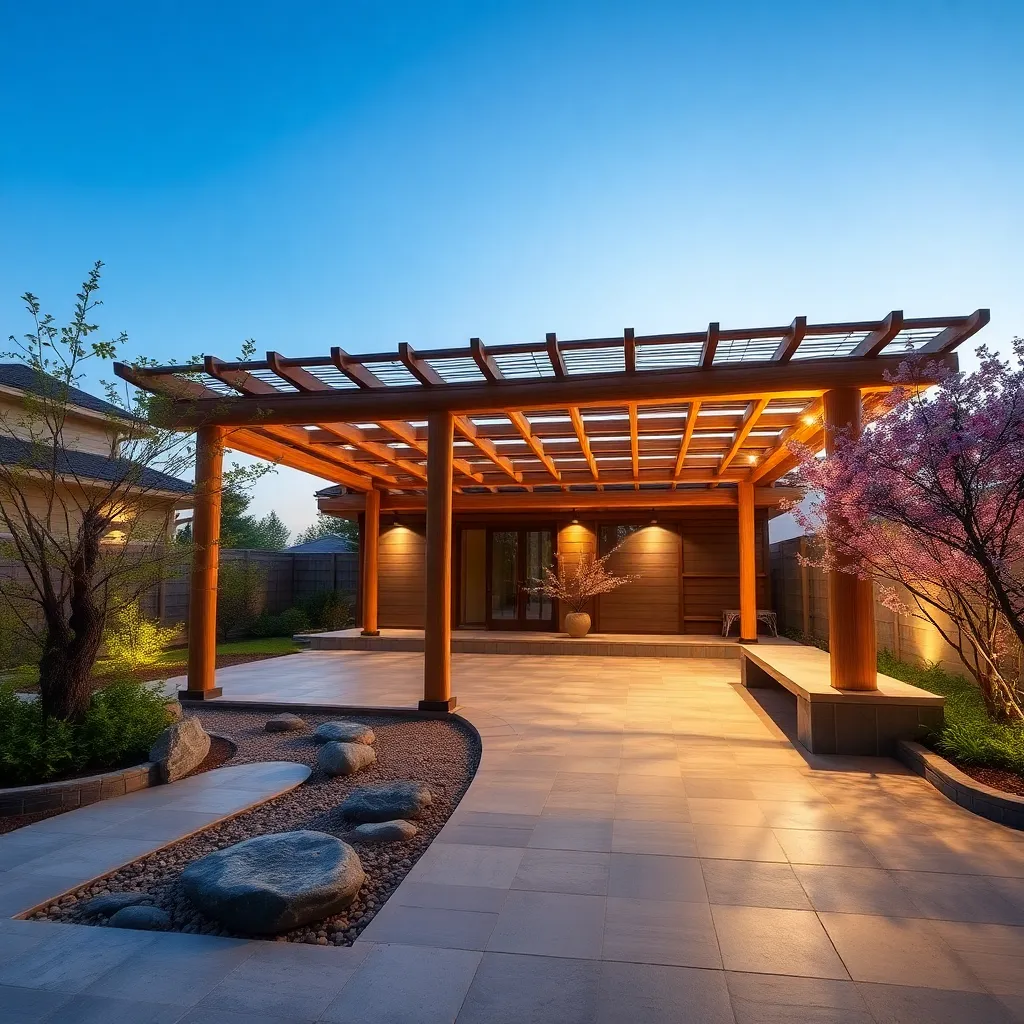 Japanese Zen Pergola (Bamboo and Stone Accents)